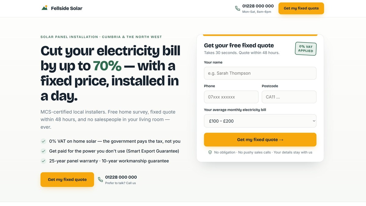 Example dedicated landing page built for a solar installer — headline, benefits and an enquiry form above the fold